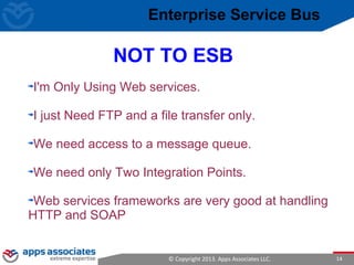© Copyright 2013. Apps Associates LLC. 14
I'm Only Using Web services.
I just Need FTP and a file transfer only.
We need access to a message queue.
We need only Two Integration Points.
Web services frameworks are very good at handling
HTTP and SOAP
NOT TO ESB
Enterprise Service Bus
 