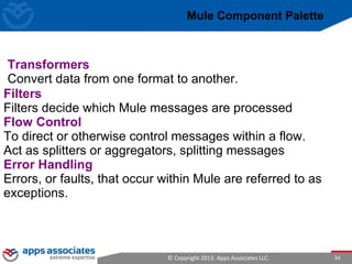 © Copyright 2013. Apps Associates LLC. 34
Filters
Filters decide which Mule messages are processed
Flow Control
To direct or otherwise control messages within a flow.
Act as splitters or aggregators, splitting messages
Error Handling
Errors, or faults, that occur within Mule are referred to as
exceptions.
Mule Component Palette
Transformers
Convert data from one format to another.
 