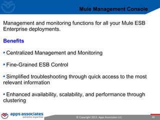 © Copyright 2013. Apps Associates LLC. 40
Management and monitoring functions for all your Mule ESB
Enterprise deployments.
Benefits
Centralized Management and Monitoring
Fine-Grained ESB Control
Simplified troubleshooting through quick access to the most
relevant information
Enhanced availability, scalability, and performance through
clustering
Mule Management Console
 