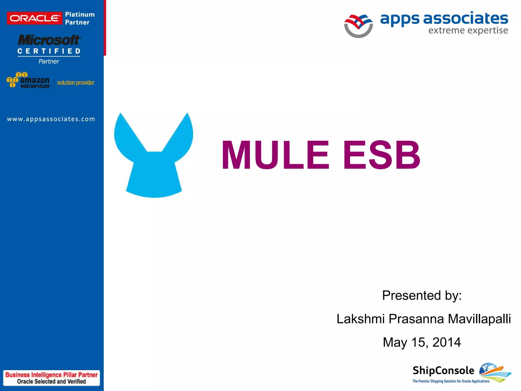 © Copyright 2013. Apps Associates LLC. 1
MULE ESB
Presented by:
Lakshmi Prasanna Mavillapalli
May 15, 2014
MULE ESB
 