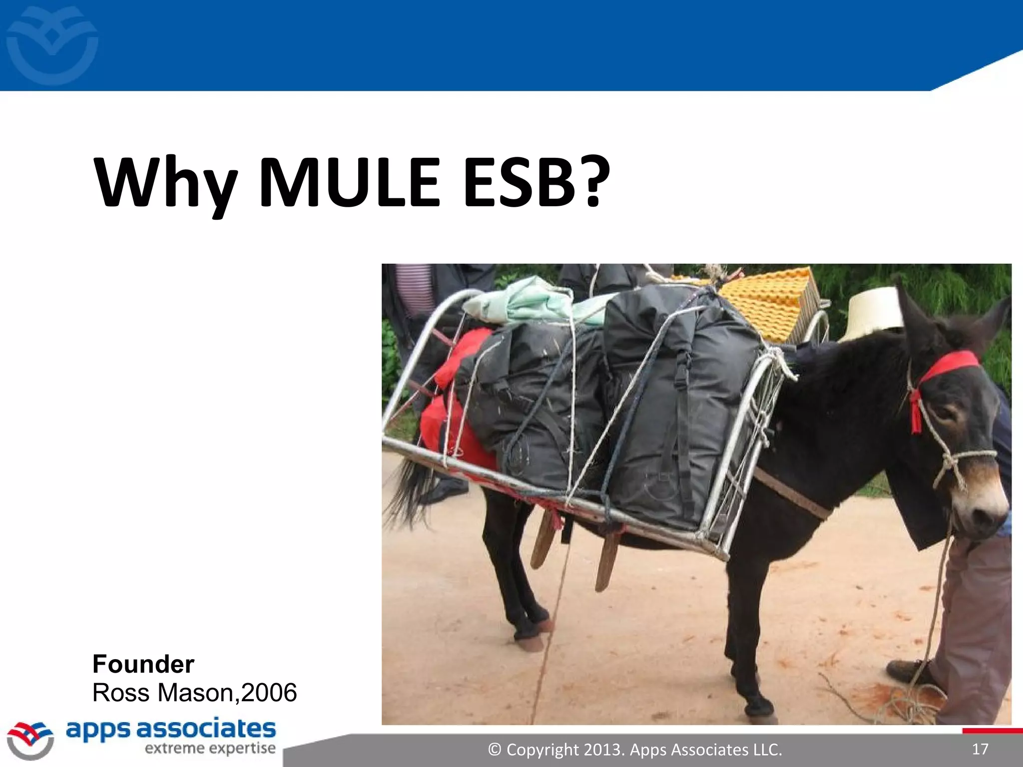 © Copyright 2013. Apps Associates LLC. 17
Why MULE ESB?
Founder
Ross Mason,2006
 