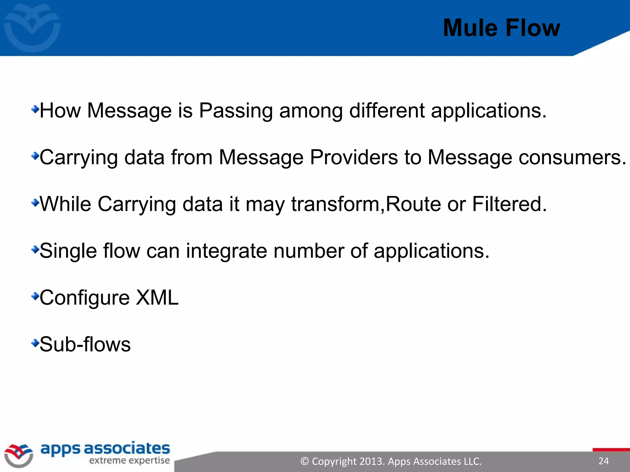© Copyright 2013. Apps Associates LLC. 24
How Message is Passing among different applications.
Carrying data from Message Providers to Message consumers.
While Carrying data it may transform,Route or Filtered.
Single flow can integrate number of applications.
Configure XML
Sub-flows
Mule Flow
 