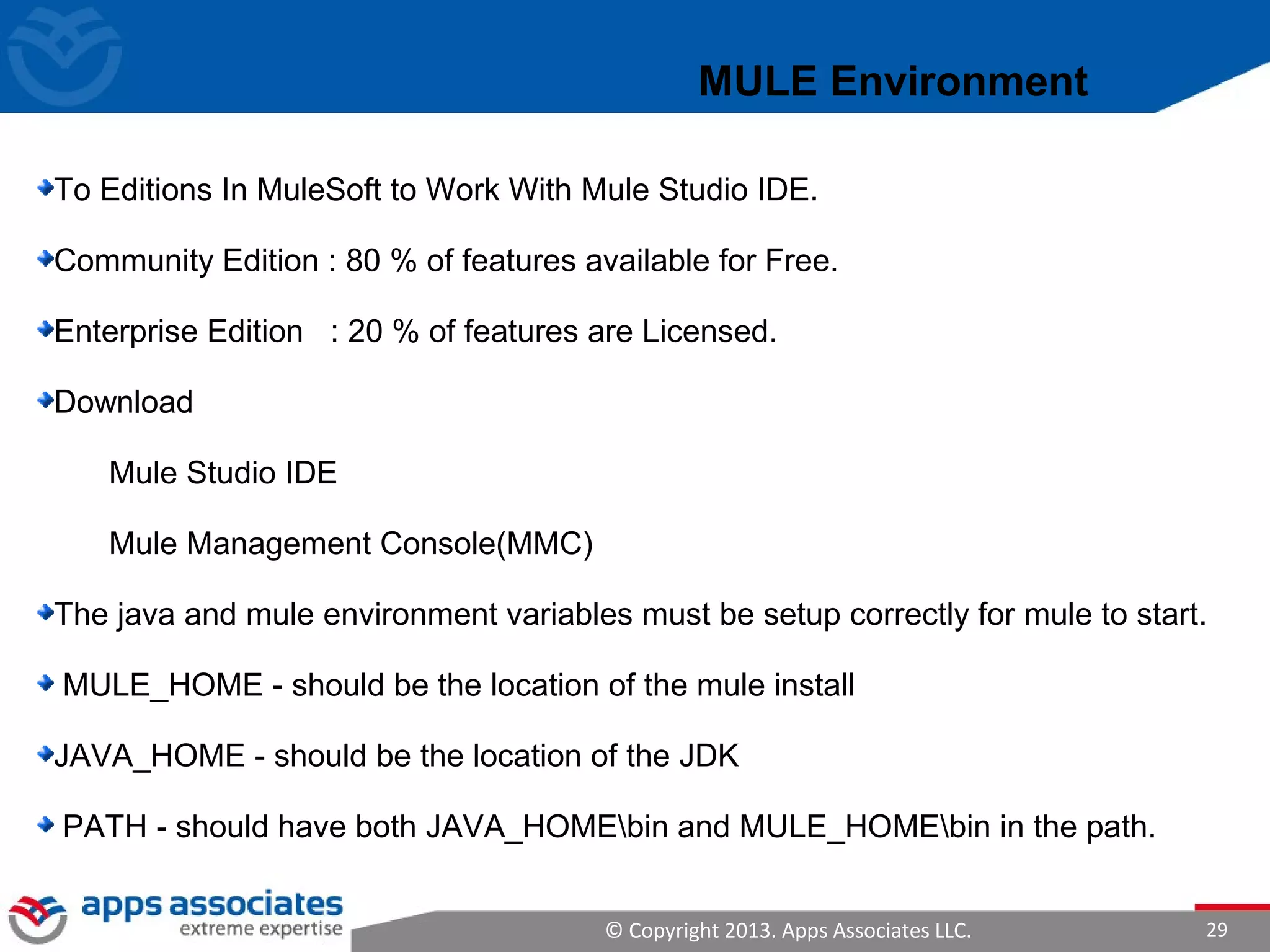 © Copyright 2013. Apps Associates LLC. 29
To Editions In MuleSoft to Work With Mule Studio IDE.
Community Edition : 80 % of features available for Free.
Enterprise Edition : 20 % of features are Licensed.
Download
Mule Studio IDE
Mule Management Console(MMC)
The java and mule environment variables must be setup correctly for mule to start.
MULE_HOME - should be the location of the mule install
JAVA_HOME - should be the location of the JDK
PATH - should have both JAVA_HOMEbin and MULE_HOMEbin in the path.
MULE Environment
 