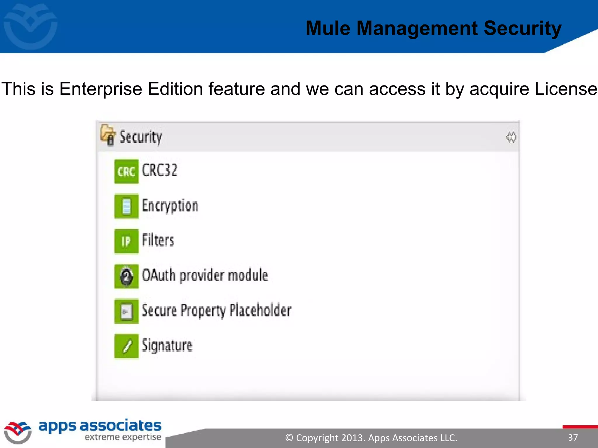 © Copyright 2013. Apps Associates LLC. 37
Mule Management Security
This is Enterprise Edition feature and we can access it by acquire License
 