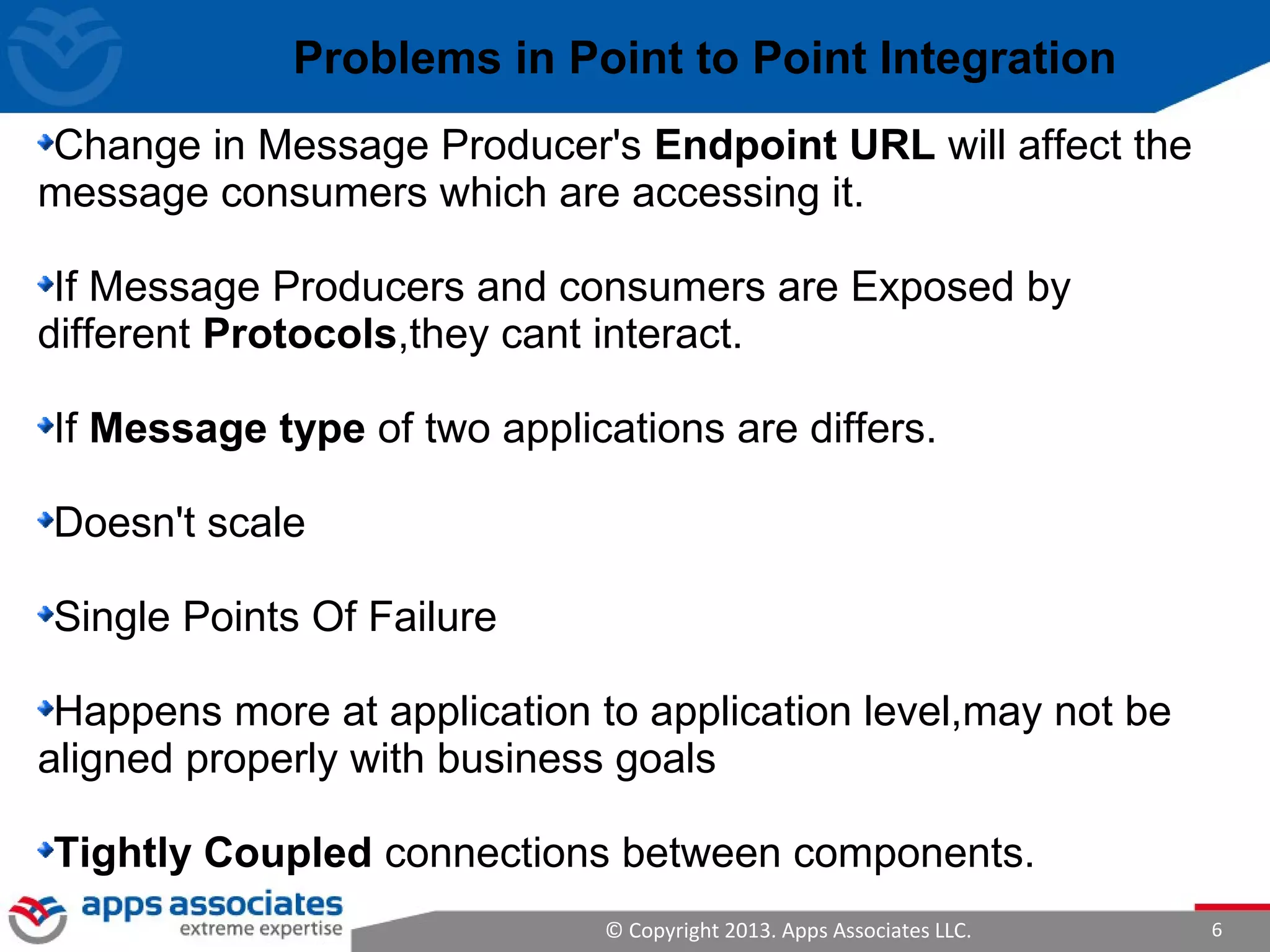 © Copyright 2013. Apps Associates LLC. 6
Problems in Point to Point Integration
Change in Message Producer's Endpoint URL will affect the
message consumers which are accessing it.
If Message Producers and consumers are Exposed by
different Protocols,they cant interact.
If Message type of two applications are differs.
Doesn't scale
Single Points Of Failure
Happens more at application to application level,may not be
aligned properly with business goals
Tightly Coupled connections between components.
 