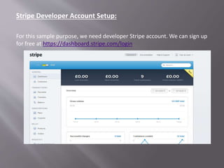 Stripe Developer Account Setup:
For this sample purpose, we need developer Stripe account. We can sign up
for free at https://dashboard.stripe.com/login
 