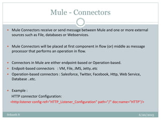 Mule - Connectors
6/20/2015Srikanth N
 Mule Connectors receive or send message between Mule and one or more external
sources such as File, databases or Webservices.
 Mule Connectors will be placed at first component in flow (or) middle as message
processor that performs an operation in flow.
 Connectors in Mule are either endpoint-based or Operation-based.
 Endpoit-based connectors : VM, File, JMS, Jetty..etc
 Operation-based connectors : Salesforce, Twitter, Facebook, Http, Web Service,
Database ..etc.
 Example :
HTTP connector Configuration:
<http:listener config-ref="HTTP_Listener_Configuration" path="/" doc:name="HTTP"/>
 