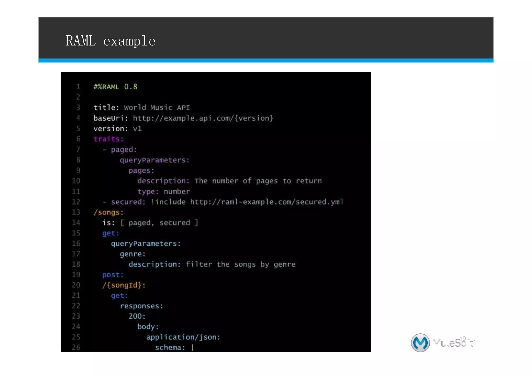 RAML example
19 l All contents Copyright © 2015, MuleSoft Inc.
19
 