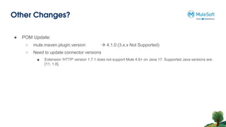 Other Changes?
● POM Update:
○ mule.maven.plugin.version  4.1.0 (3.x.x Not Supported)
○ Need to update connector versions
■ Extension 'HTTP' version 1.7.1 does not support Mule 4.6+ on Java 17. Supported Java versions are:
[11, 1.8].
 