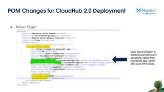 POM Changes for CloudHub 2.0 Deployment
● Maven Plugin
Mule documentation is
showing username and
password, rather than
connected app, which
will cause MFA issue.
 