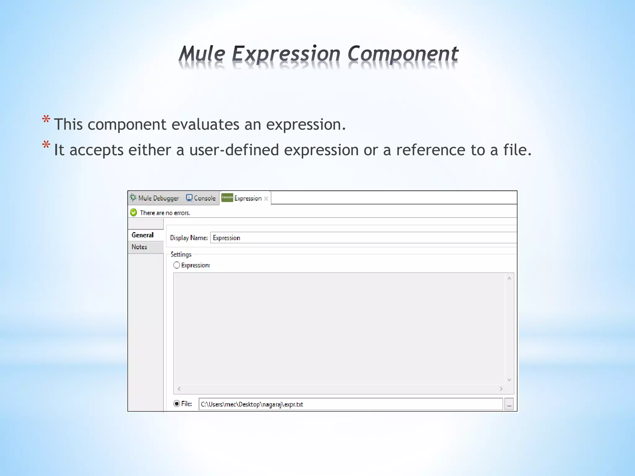 *This component evaluates an expression.
*It accepts either a user-defined expression or a reference to a file.
 