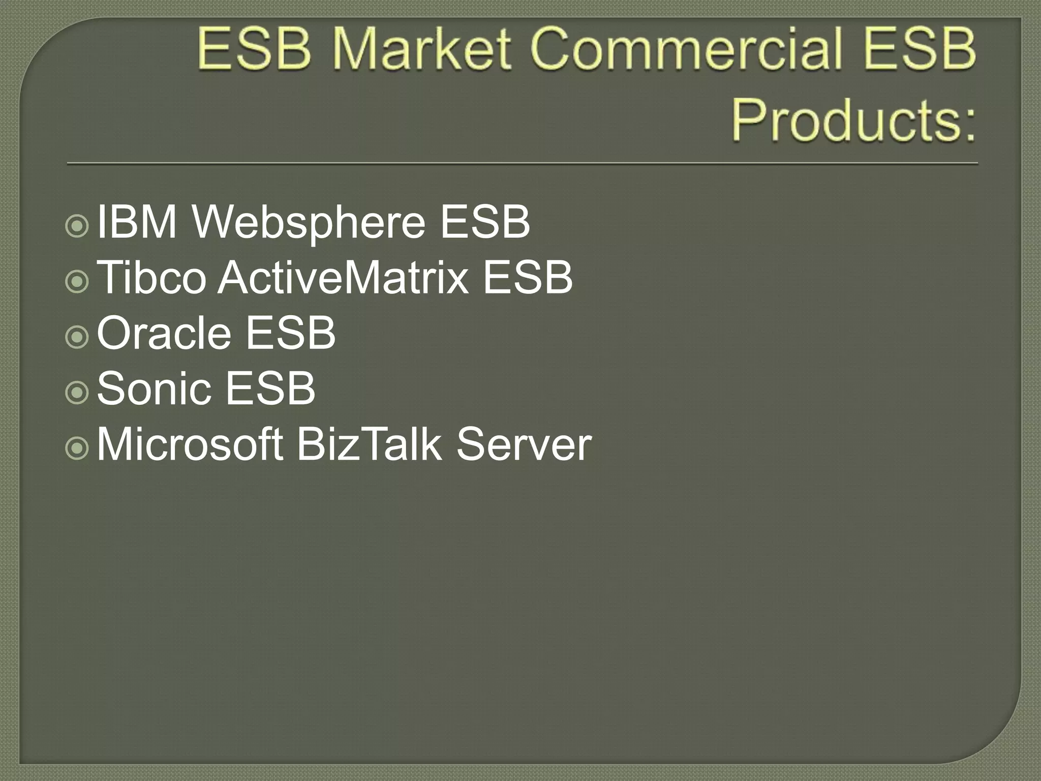 οIBM Websphere ESB
οTibco ActiveMatrix ESB
οOracle ESB
οSonic ESB
οMicrosoft BizTalk Server