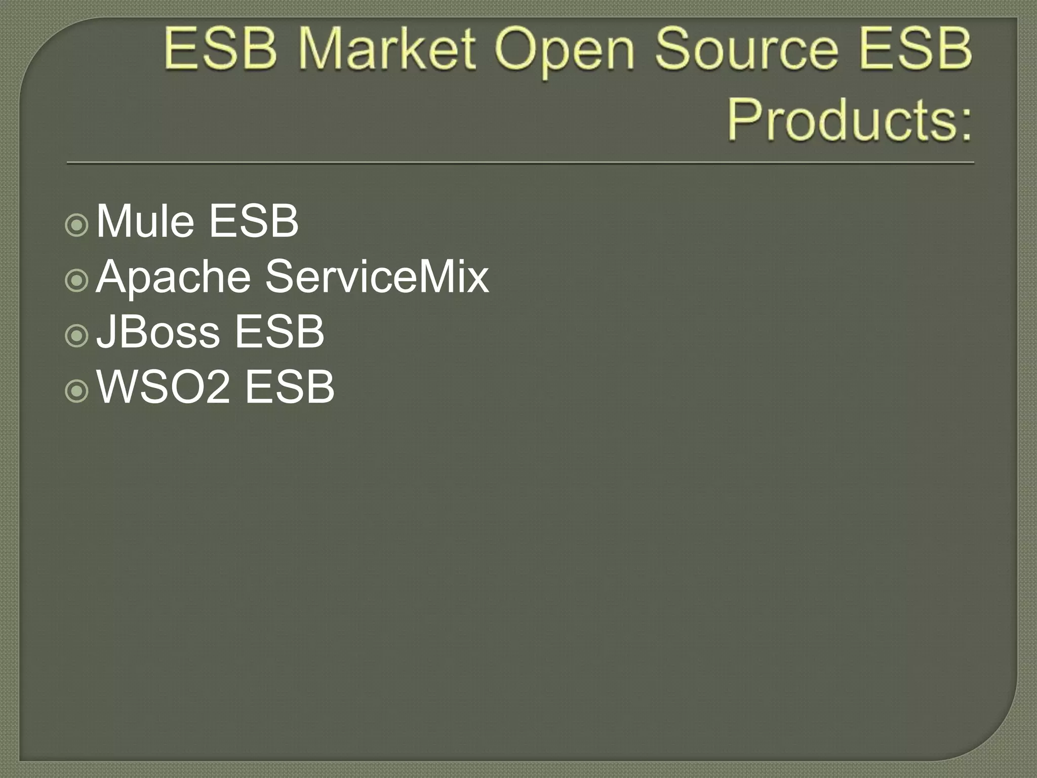 οMule ESB
οApache ServiceMix
οJBoss ESB
οWSO2 ESB