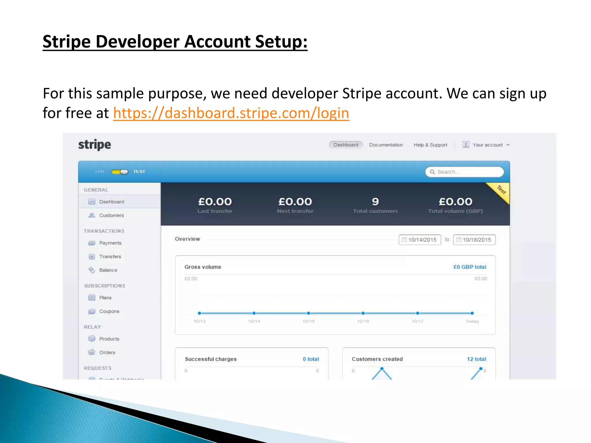 Stripe Developer Account Setup:
For this sample purpose, we need developer Stripe account. We can sign up
for free at https://dashboard.stripe.com/login
 