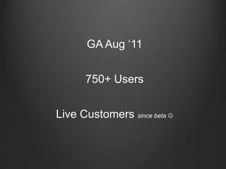 GA Aug ‘11750+ UsersLive Customers since beta 