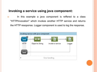 Invoking a service using java component:
 In this example a java component is reffered to a class
"HTTPInvocation" which invokes another HTTP service and returns
the HTTP resoponse. Logger component is used to log the response.
 