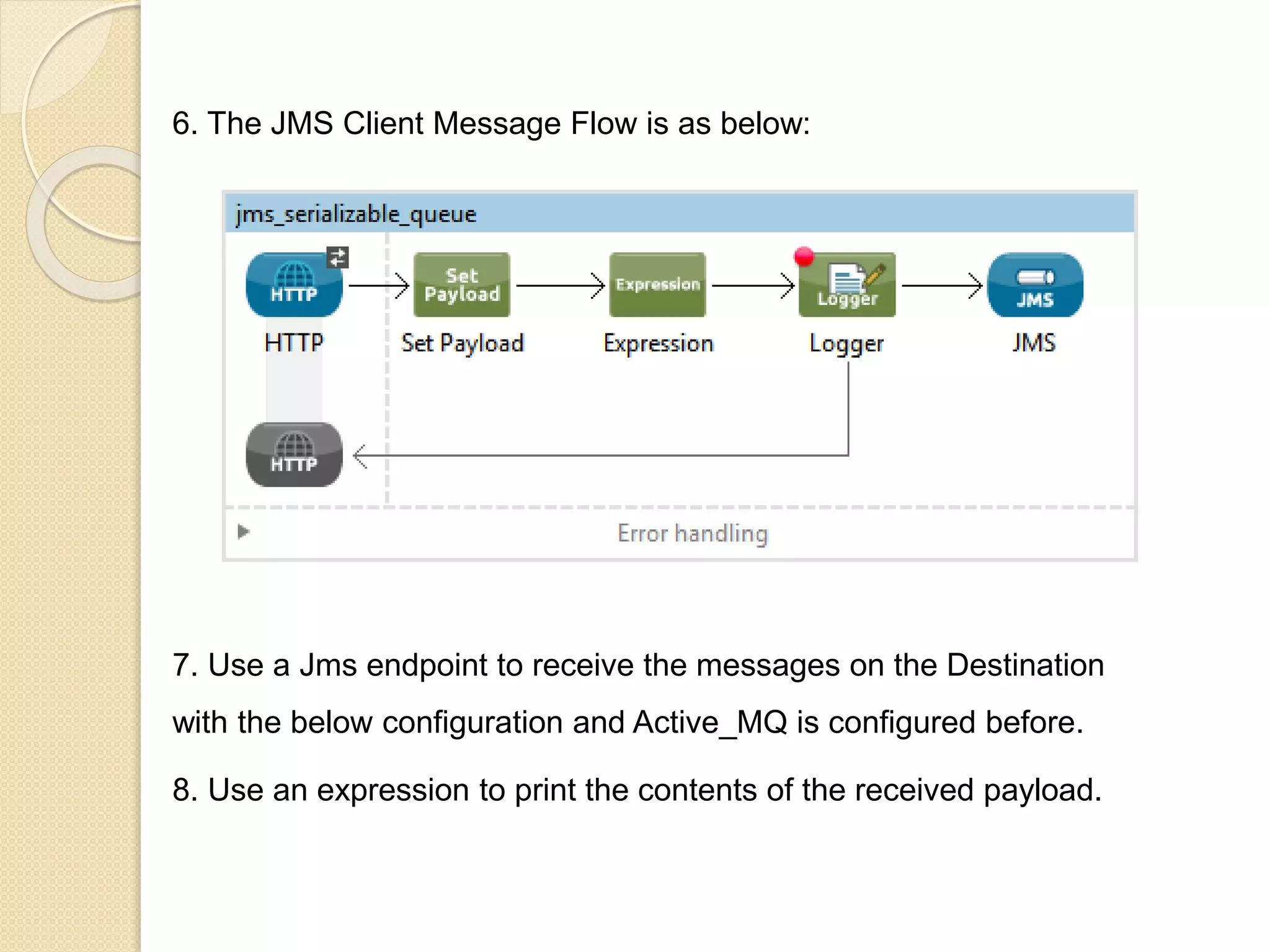 6. The JMS Client Message Flow is as below:
7. Use a Jms endpoint to receive the messages on the Destination
with the below configuration and Active_MQ is configured before.
8. Use an expression to print the contents of the received payload.
 