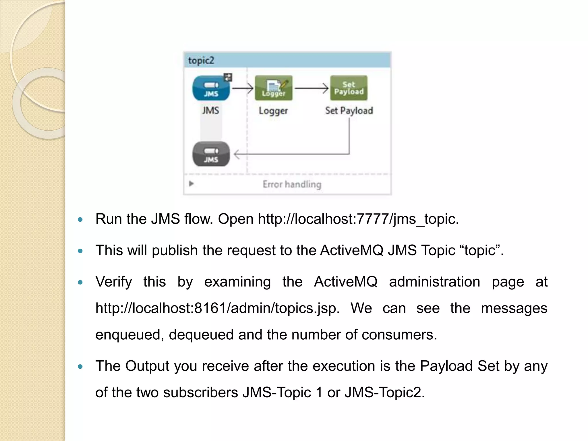  Run the JMS flow. Open http://localhost:7777/jms_topic.
 This will publish the request to the ActiveMQ JMS Topic “topic”.
 Verify this by examining the ActiveMQ administration page at
http://localhost:8161/admin/topics.jsp. We can see the messages
enqueued, dequeued and the number of consumers.
 The Output you receive after the execution is the Payload Set by any
of the two subscribers JMS-Topic 1 or JMS-Topic2.
 