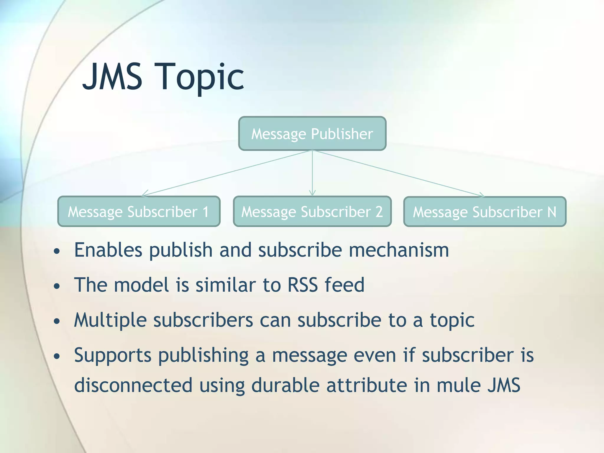 JMS Topic
• Enables publish and subscribe mechanism
• The model is similar to RSS feed
• Multiple subscribers can subscribe to a topic
• Supports publishing a message even if subscriber is
disconnected using durable attribute in mule JMS
Message Publisher
Message Subscriber 1 Message Subscriber 2 Message Subscriber N
 