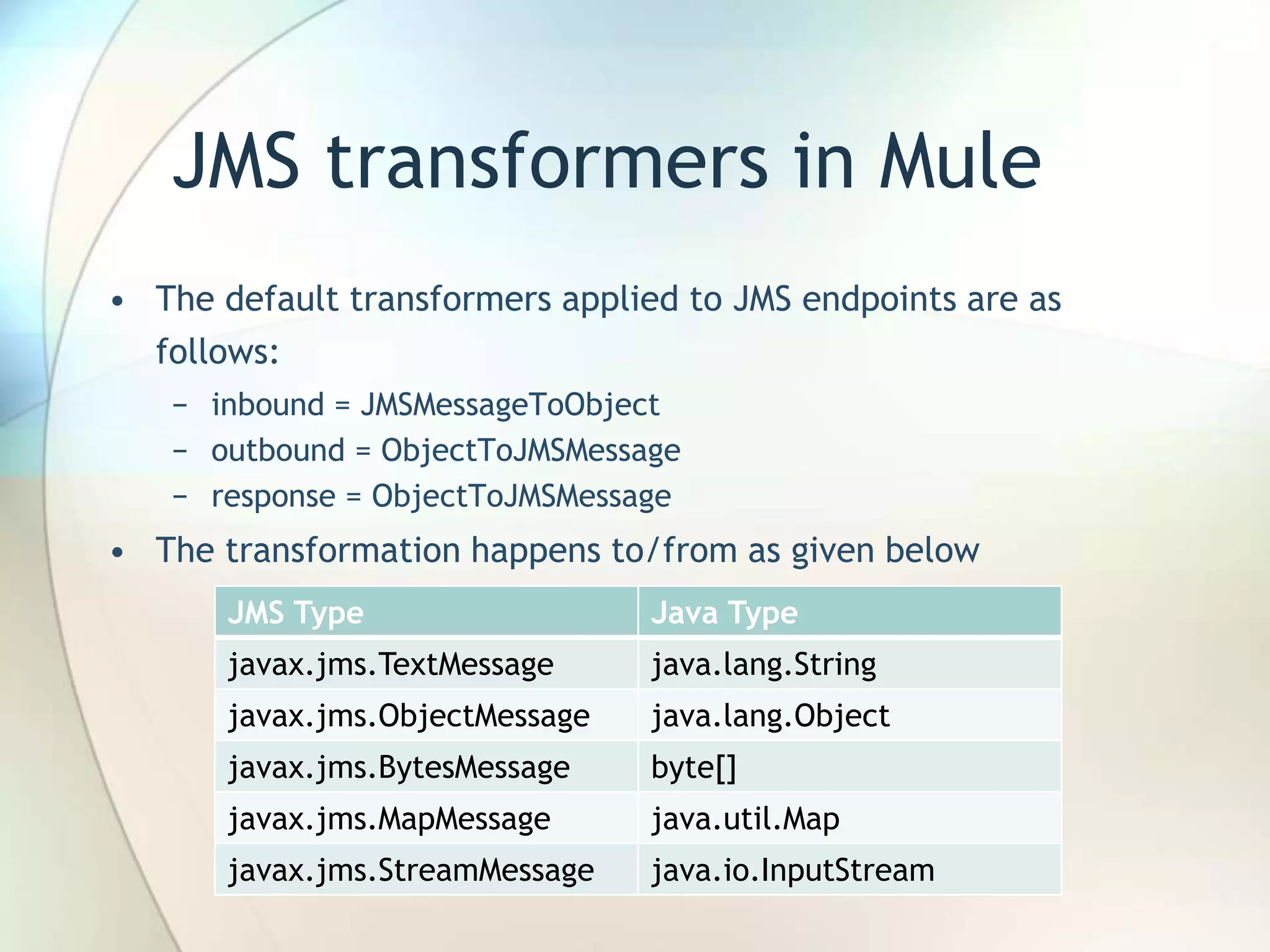 JMS transformers in Mule
• The default transformers applied to JMS endpoints are as
follows:
− inbound = JMSMessageToObject
− outbound = ObjectToJMSMessage
− response = ObjectToJMSMessage
• The transformation happens to/from as given below
JMS Type Java Type
javax.jms.TextMessage java.lang.String
javax.jms.ObjectMessage java.lang.Object
javax.jms.BytesMessage byte[]
javax.jms.MapMessage java.util.Map
javax.jms.StreamMessage java.io.InputStream
 
