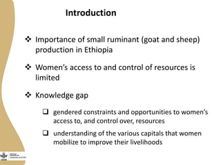 Opportunities and constraints to women's access to, and control over, resources in the small ruminant value chain in Ethiopia  