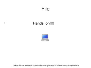 File
l
Hands on!!!!
https://docs.mulesoft.com/mule-user-guide/v/3.7/file-transport-reference
 