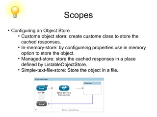 Scopes
●
Configuring an Object Store
●
Custome object store: create custome class to store the
cached responses.
●
In-memory-store: by configureing properties use in memory
option to store the object.
●
Managed-store: store the cached responses in a place
defined by ListableObjectStore.
●
Simple-text-file-store: Store the object in a file.
 