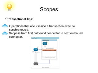 Scopes
●
Transactional tips:
Operations that occur inside a transaction execute
synchronously.
Scope is from first outbound connector to next outbound
connector.
 