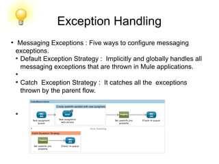 Exception Handling
●
Messaging Exceptions : Five ways to configure messaging
exceptions.
●
Default Exception Strategy : Implicitly and globally handles all
messaging exceptions that are thrown in Mule applications.
●
●
Catch Exception Strategy : It catches all the exceptions
thrown by the parent flow.
●
 