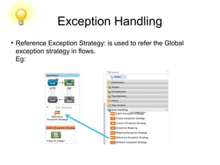 Exception Handling
●
Reference Exception Strategy: is used to refer the Global
exception strategy in flows.
Eg:
 