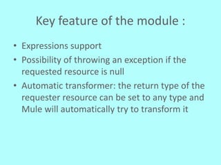 Key feature of the module :
• Expressions support
• Possibility of throwing an exception if the
requested resource is null
• Automatic transformer: the return type of the
requester resource can be set to any type and
Mule will automatically try to transform it
 