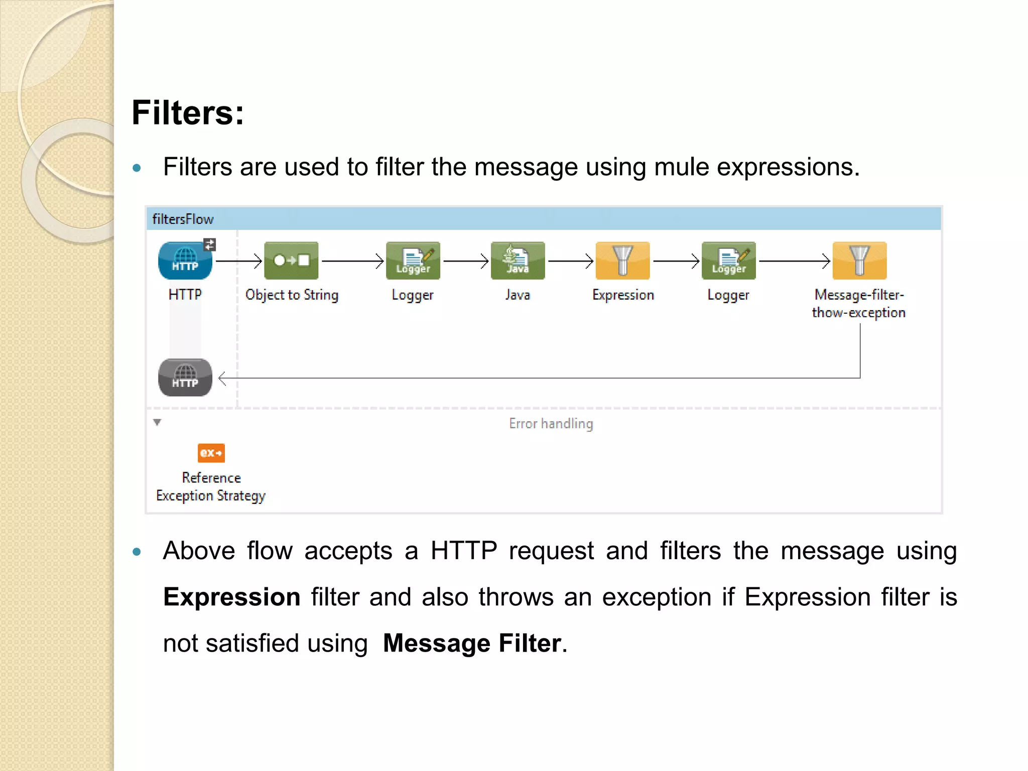 Filters:
 Filters are used to filter the message using mule expressions.
 Above flow accepts a HTTP request and filters the message using
Expression filter and also throws an exception if Expression filter is
not satisfied using Message Filter.
 