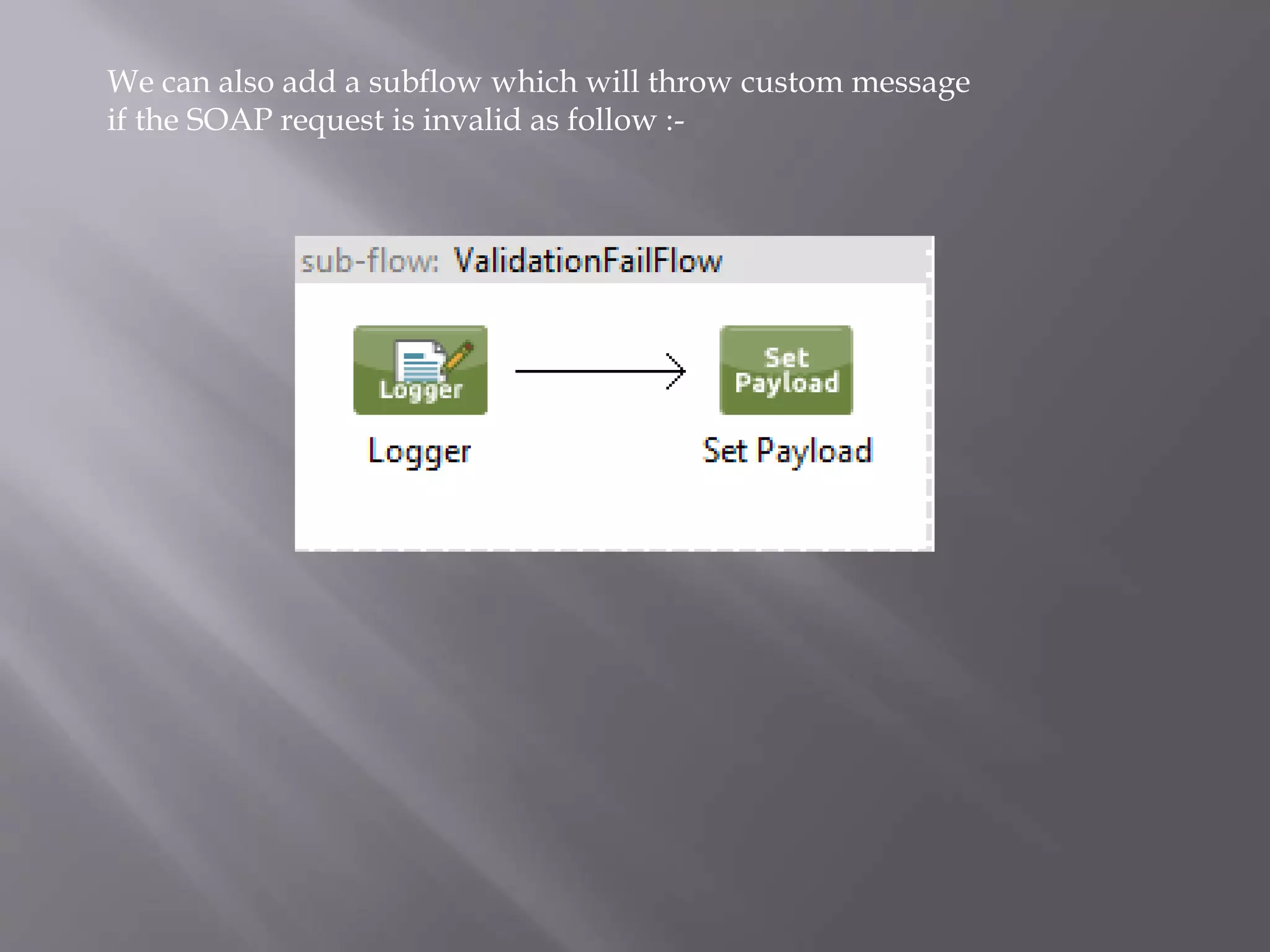 We can also add a subflow which will throw custom message
if the SOAP request is invalid as follow :-