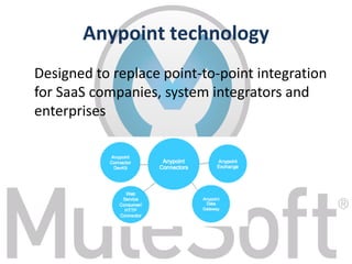 Anypoint technology
Designed to replace point-to-point integration
for SaaS companies, system integrators and
enterprises
 