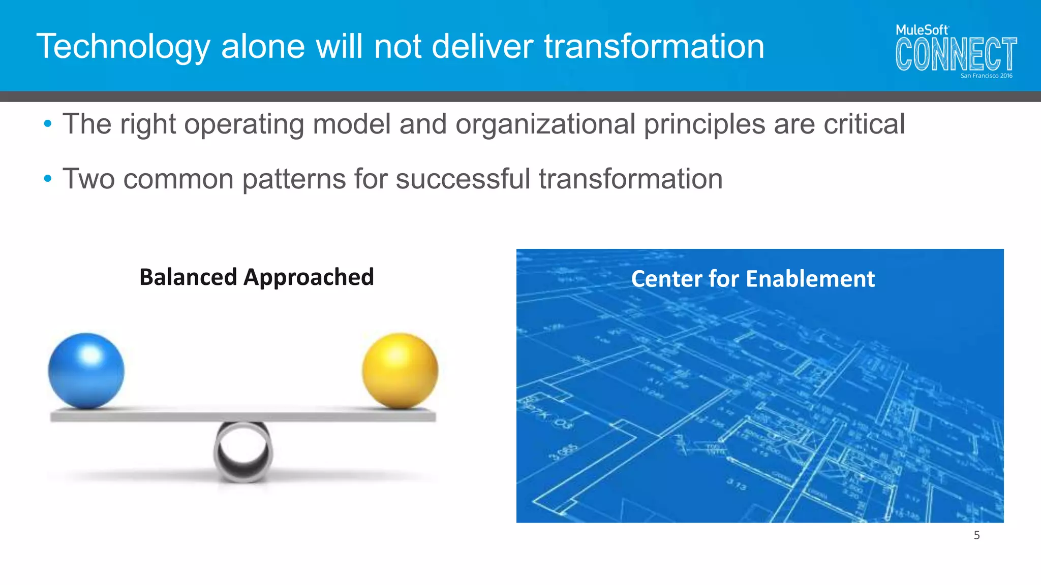 Technology alone will not deliver transformation
5
• The right operating model and organizational principles are critical
• Two common patterns for successful transformation
Balanced Approached Center for Enablement
 