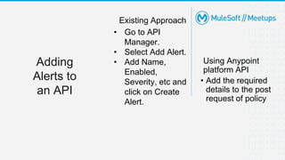 Existing Approach
• Go to API
Manager.
• Select Add Alert.
• Add Name,
Enabled,
Severity, etc and
click on Create
Alert.
Using Anypoint
platform API
• Add the required
details to the post
request of policy
Adding
Alerts to
an API
 