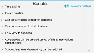 Benefits
 Time saving
 Instant creation
 Can be connected with other platforms
 Can be automated in cicd pipelines
 Easy view to business
 Accelerators can be created on top of this to use various
functionalities
 Support/test team dependency can be reduced 14
 