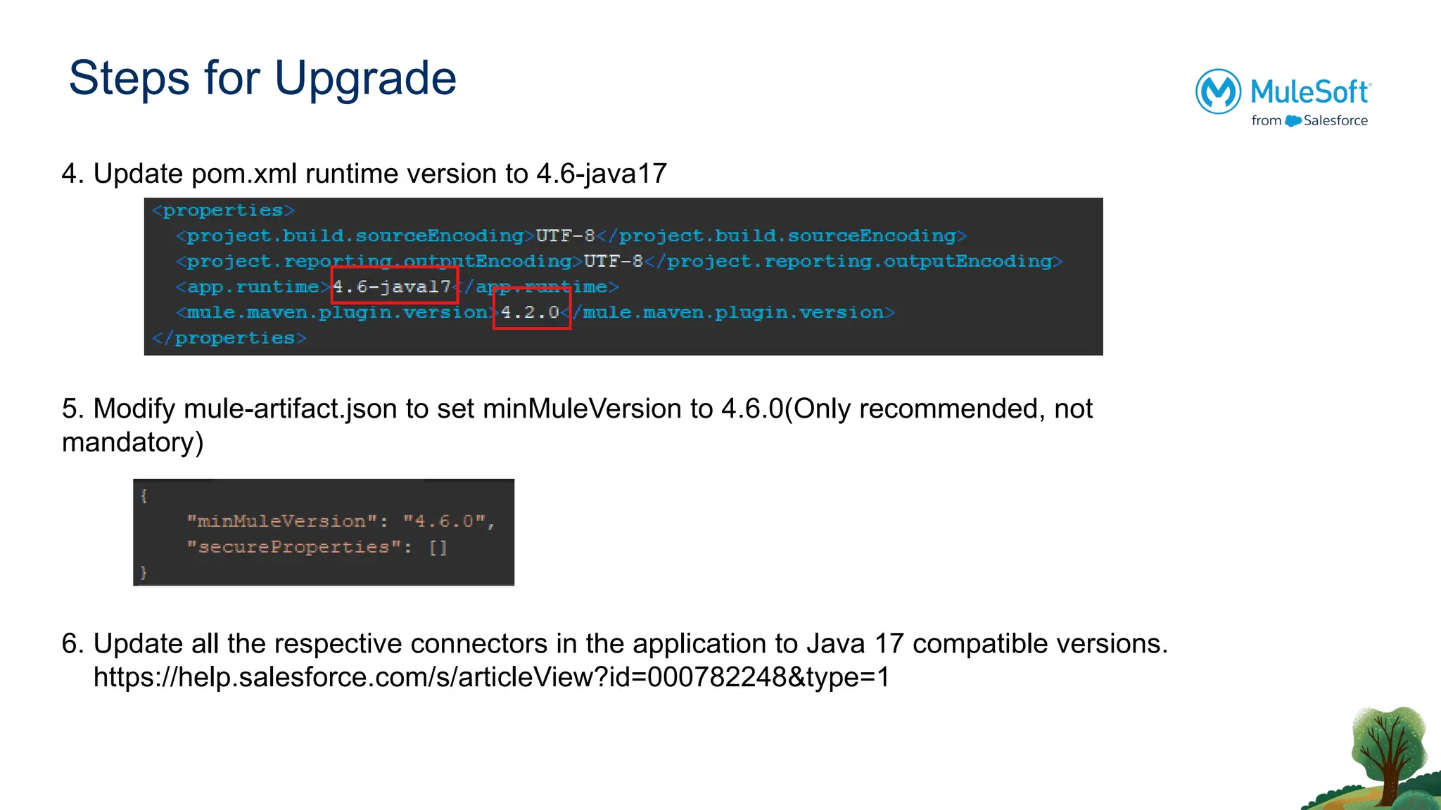 Steps for Upgrade
4. Update pom.xml runtime version to 4.6-java17
5. Modify mule-artifact.json to set minMuleVersion to 4.6.0(Only recommended, not
mandatory)
6. Update all the respective connectors in the application to Java 17 compatible versions.
https://help.salesforce.com/s/articleView?id=000782248&type=1
 
