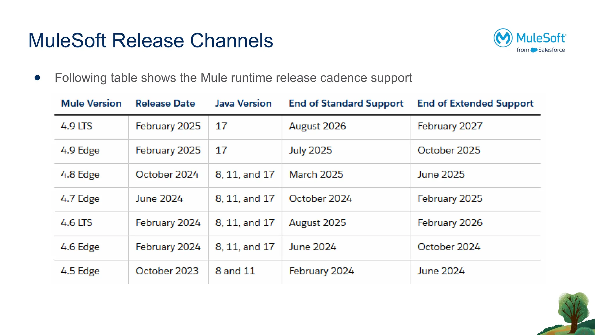 MuleSoft Release Channels
● Following table shows the Mule runtime release cadence support
 
