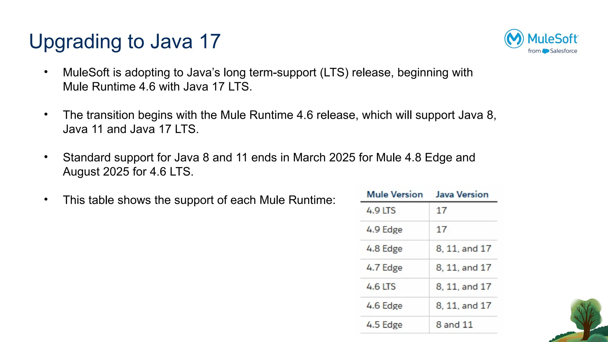 Upgrading to Java 17
• MuleSoft is adopting to Java’s long term-support (LTS) release, beginning with
Mule Runtime 4.6 with Java 17 LTS.
• The transition begins with the Mule Runtime 4.6 release, which will support Java 8,
Java 11 and Java 17 LTS.
• Standard support for Java 8 and 11 ends in March 2025 for Mule 4.8 Edge and
August 2025 for 4.6 LTS.
• This table shows the support of each Mule Runtime:
 