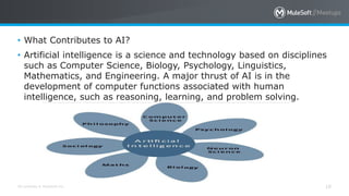 All contents © MuleSoft Inc. 10
• What Contributes to AI?
• Artificial intelligence is a science and technology based on disciplines
such as Computer Science, Biology, Psychology, Linguistics,
Mathematics, and Engineering. A major thrust of AI is in the
development of computer functions associated with human
intelligence, such as reasoning, learning, and problem solving.
 
