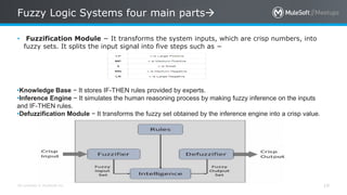 All contents © MuleSoft Inc.
Fuzzy Logic Systems four main parts
19
• Fuzzification Module − It transforms the system inputs, which are crisp numbers, into
fuzzy sets. It splits the input signal into five steps such as −
•Knowledge Base − It stores IF-THEN rules provided by experts.
•Inference Engine − It simulates the human reasoning process by making fuzzy inference on the inputs
and IF-THEN rules.
•Defuzzification Module − It transforms the fuzzy set obtained by the inference engine into a crisp value.
 