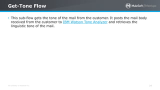 All contents © MuleSoft Inc.
Get-Tone Flow
34
• This sub-flow gets the tone of the mail from the customer. It posts the mail body
received from the customer to IBM Watson Tone Analyzer and retrieves the
linguistic tone of the mail.
 