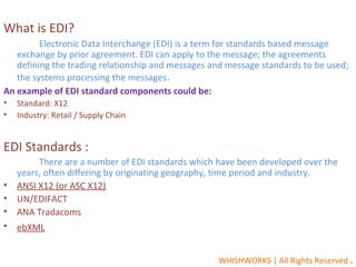 What is EDI?
Electronic Data Interchange (EDI) is a term for standards based message
exchange by prior agreement. EDI can apply to the message; the agreements
defining the trading relationship and messages and message standards to be used;
the systems processing the messages.
An example of EDI standard components could be:
• Standard: X12
• Industry: Retail / Supply Chain
EDI Standards :
There are a number of EDI standards which have been developed over the
years, often differing by originating geography, time period and industry.
• ANSI X12 (or ASC X12)
• UN/EDIFACT
• ANA Tradacoms
• ebXML
WHISHWORKS | All Rights Reserved .
 
