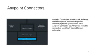 Anypoint Connectors
7
Anypoint Connectors provide quick and easy
connectivity to an endpoint or dynamic
connectivity to API specifications. Use
Anypoint Connector DevKit to build reusable
connectors specifically catered to your
enterprise.
 