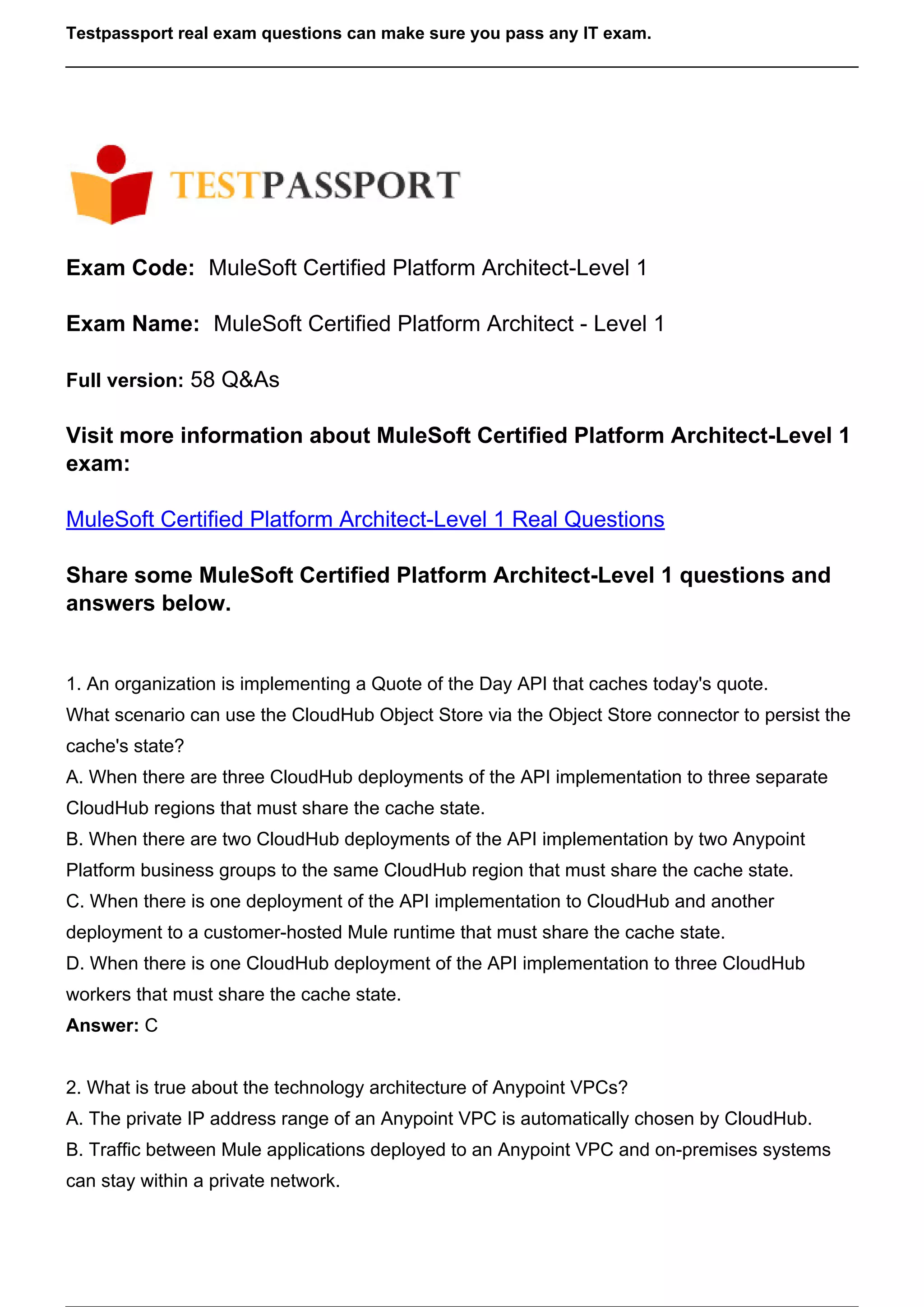 MuleSoft certified platform architectlevel 1 Real Exam Questions PDF