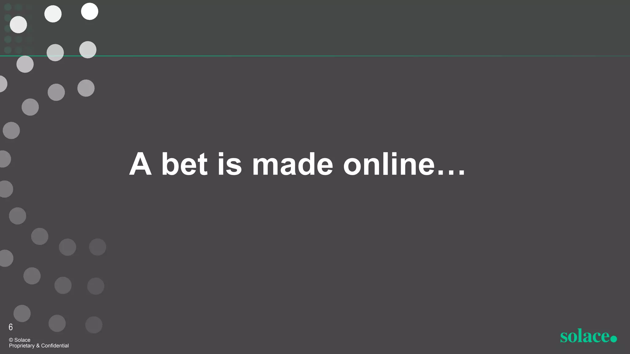 A bet is made online…
6
© Solace
Proprietary & Confidential
 
