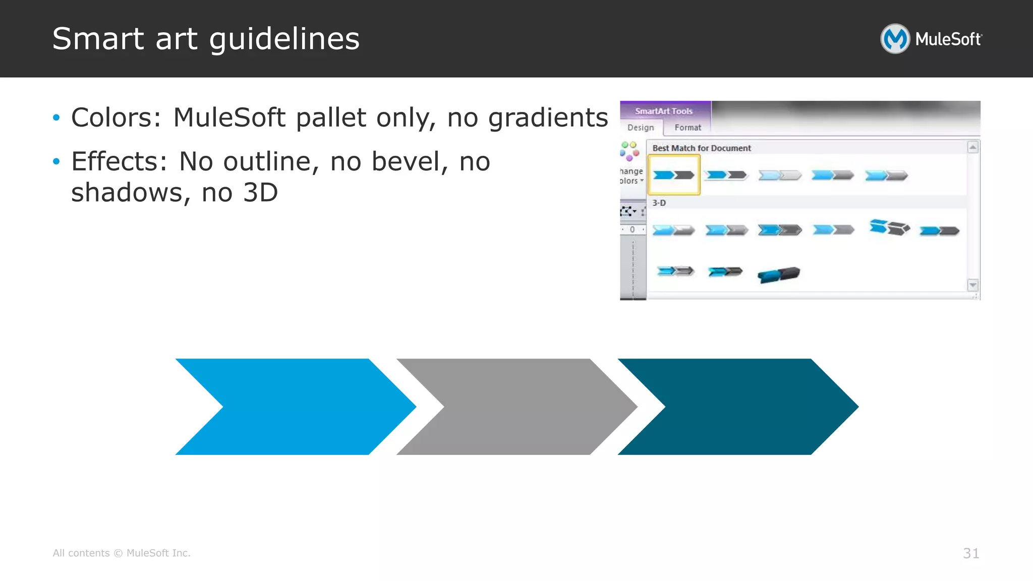 All contents © MuleSoft Inc.
Smart art guidelines
31
• Colors: MuleSoft pallet only, no gradients
• Effects: No outline, no bevel, no
shadows, no 3D
 
