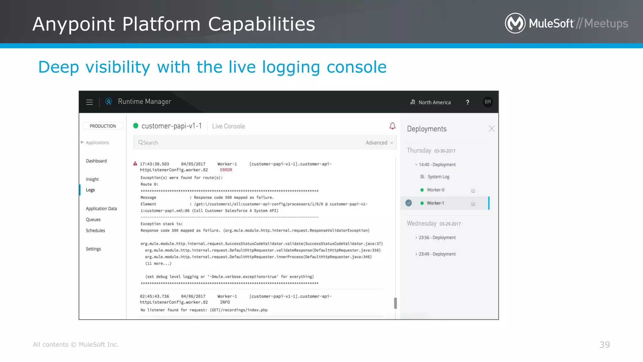 All contents © MuleSoft Inc.
Deep visibility with the live logging console
Anypoint Platform Capabilities
39
 