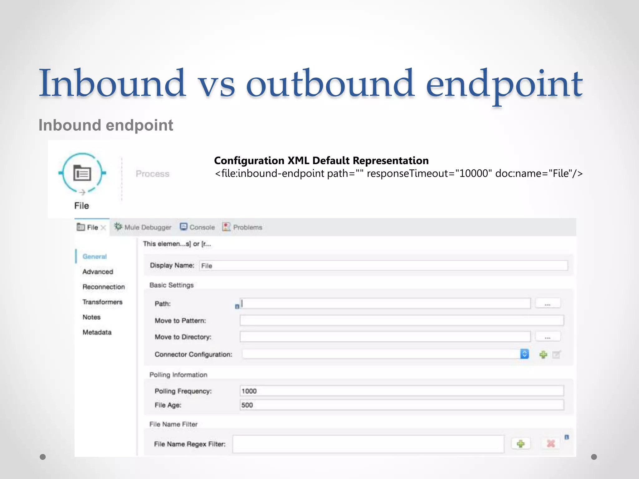 Inbound vs outbound endpoint
Inbound endpoint
Configuration XML Default Representation
<file:inbound-endpoint path="" responseTimeout="10000" doc:name="File"/>
 